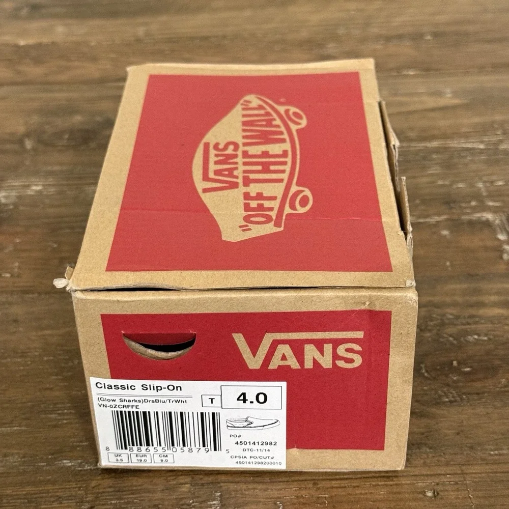 Vans SLIP ON Shark Glow in Dark Toddler Shoes Size 4 Blue White w/Box EUC